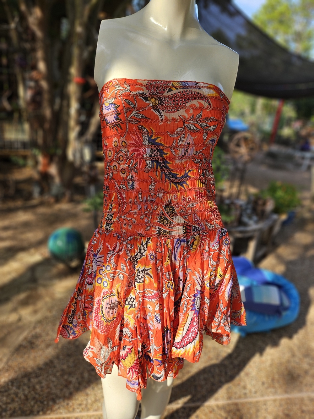 FP One Free People XSmall Strapless Red Floral Boho Assymentric Hem Mini Dress